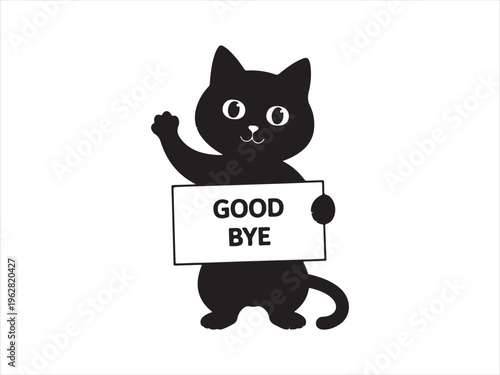 Cute cat silhouette holding goodbye sign vector cartoon animal character isolated on white background