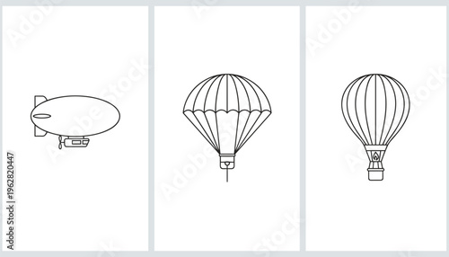 Airship and hot air balloon vector line icons with flying transport aviation elements minimal collection isolated