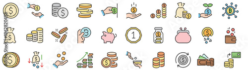 Financial icons set with money, coins, and savings vector illustration