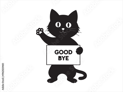 Cute cat silhouette holding goodbye sign vector cartoon animal character isolated on white background
