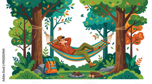 Man Relaxing in Hammock in Forest.