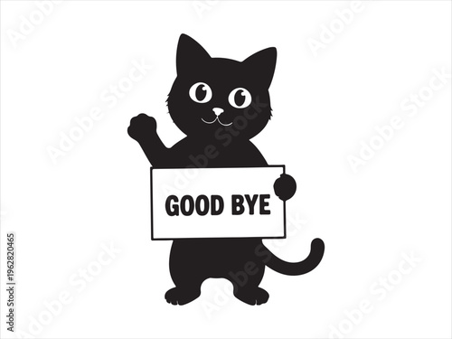 Cute cat silhouette holding goodbye sign vector cartoon animal character isolated on white background