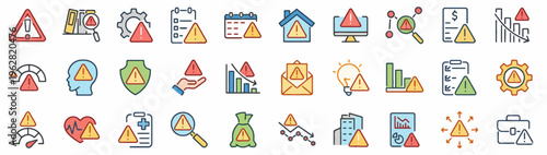 Collection of warning and business icons in flat design vector illustration