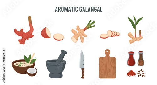 Aromatic galangal spice ingredients and tools.