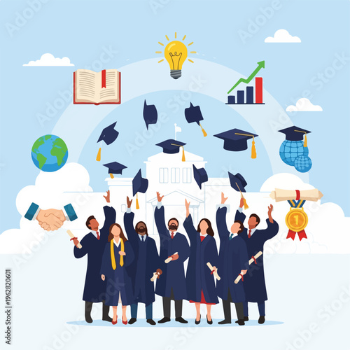 Graduates celebrating their achievements with diplomas and caps, near symbols