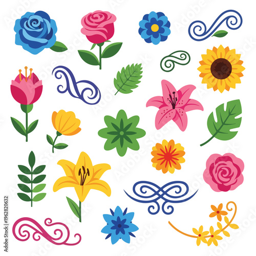 Colorful vector illustration featuring many different flowers and decorative swirls