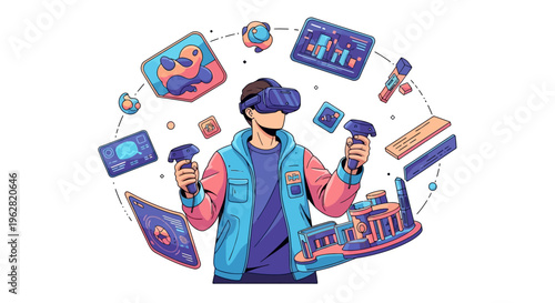 Man Wearing VR Headset Experiencing Virtual Reality Technology.