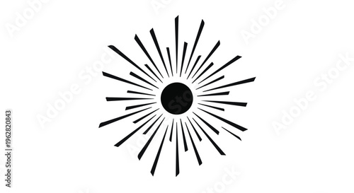 Sunburst symbol depicting a central dark sphere radiating sharp outward lines creates a powerful visual metaphor for solar energy, new beginnings, and the sudden emergence of bright ideas.