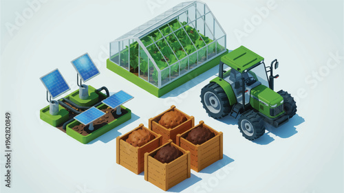 Smart farming technology: greenhouse, tractor, solar panels and soil bins in isometric style, eco friendly