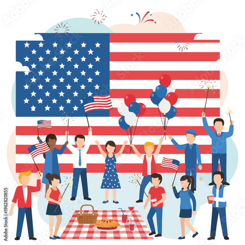 Illustration of a gathering of people celebrating with flags