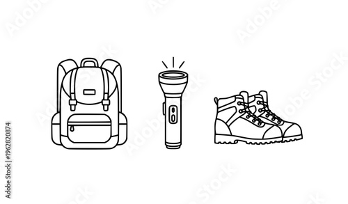 Hiking camping essentials line icons backpack flashlight boots simple black and white vector set isolated on white