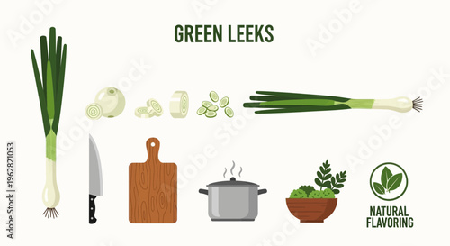 Fresh green leeks and kitchen utensils.