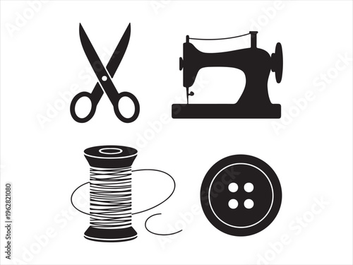 Sewing tools silhouette vector set scissors needle thread button sewing machine tailoring icons isolated on white background