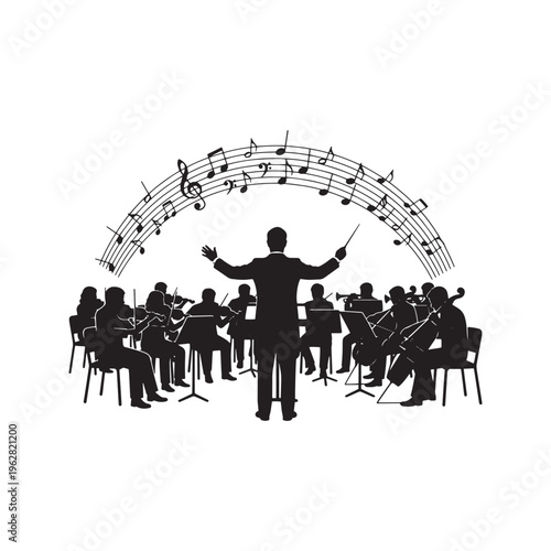 Silhouette Vector Illustration of a Music Conductor Directing a Symphony Orchestra with Swirling Musical Notes and Staff Lines
