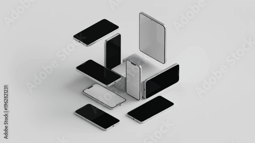 Assortment of black and silver smartphones and tablets in isometric layout with app design