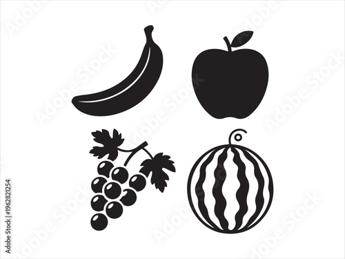 Flat design fruit silhouette icon set. Fruit Icon Set, Banana Apple Grapes Watermelon Silhouettes Healthy Food Collection