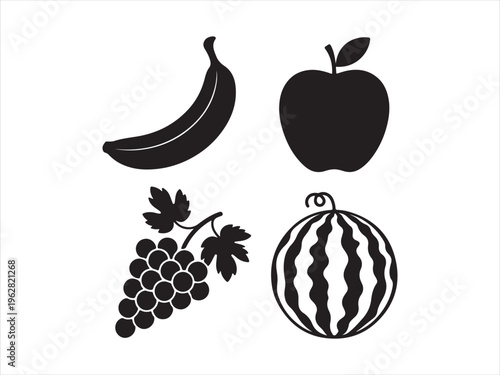 Flat design fruit silhouette icon set. Fruit Icon Set, Banana Apple Grapes Watermelon Silhouettes Healthy Food Collection