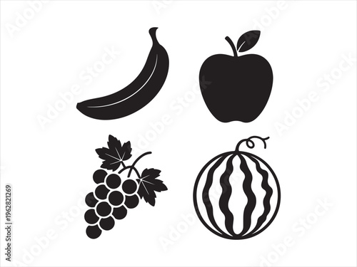 Flat design fruit silhouette icon set. Fruit Icon Set, Banana Apple Grapes Watermelon Silhouettes Healthy Food Collection