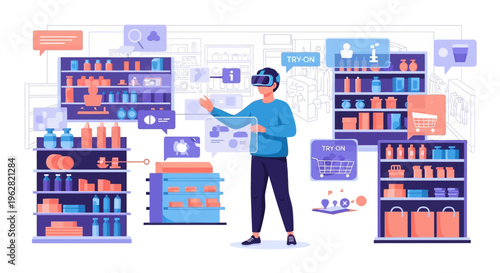 Man wearing VR headset interacting with virtual store shelves.