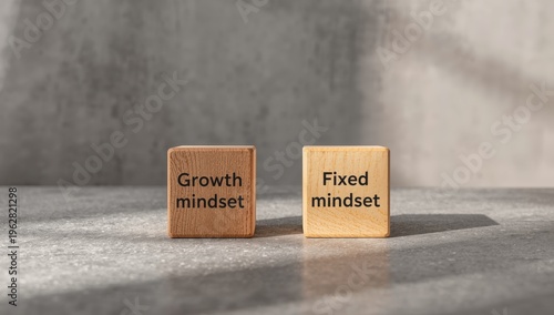 Symbol of growth and fixed mindsets. Terms on wooden blocks. Elegant grey table with a grey backdrop. Business mindset concept. Empty space