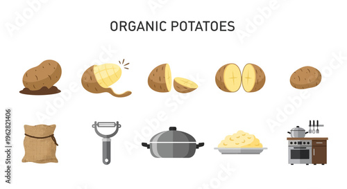 Organic potatoes and kitchen utensils.