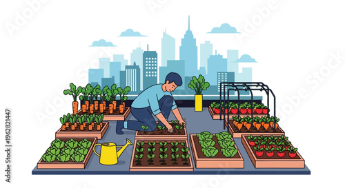 Man tending to urban rooftop garden with fresh vegetables growing.