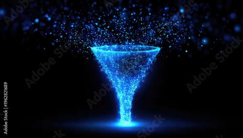 Glowing blue particles swirl into a vortex inside a digital funnel against black