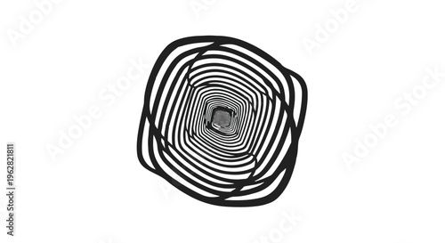 Tunnel of swirling black lines creates a deep optical illusion effect that draws the eye toward a central vanishing point, suggesting infinite depth and hypnotic movement in a graphic design.