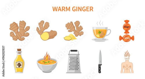 Warm ginger food and drink icons.