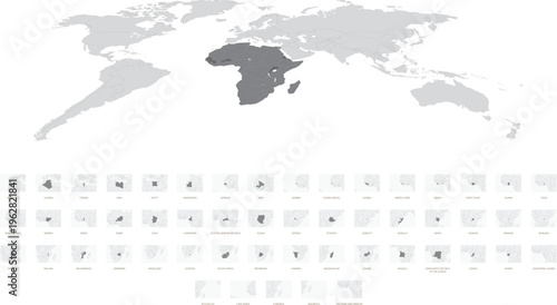 Africa highlighted world map with countries set, African nations outline maps collection vector illustration