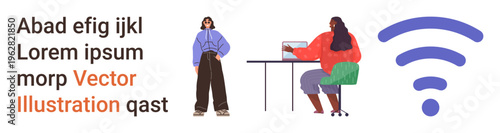 Remote work, internet connectivity, technology usage, communication, collaboration, digital lifestyle. Two people working remotely, one at a desk and another standing. Remote work and internet