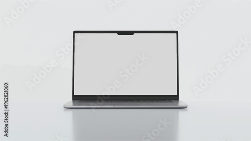 Modern silver laptop with a blank white screen on a clean reflective surface, studio shot, copy space