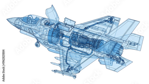 Technical 3D wireframe S/VTOL stealth fighter with x-ray view and translucent blue composite body. Ideal for aviation and defense concepts.