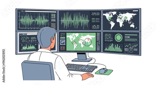Man working at a computer with multiple monitors displaying data.