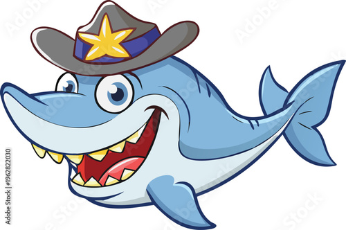 Cartoon shark wearing a cowboy hat with a sheriff s star