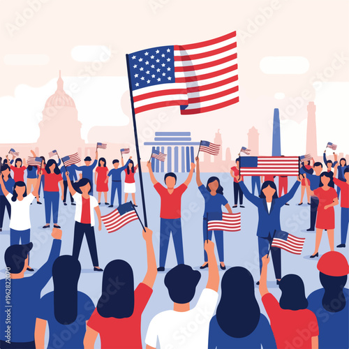 Illustration of a crowd of people waving flags, celebrating