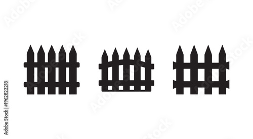 Black fence icons set with pointed tops on white background  three different wooden fence silhouettes