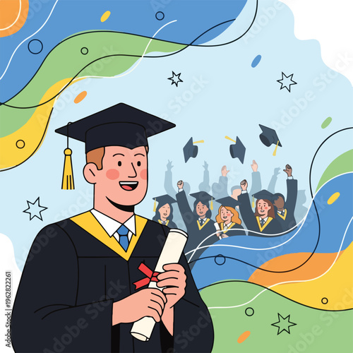 Illustration of a graduate holding diploma with classmates celebrating