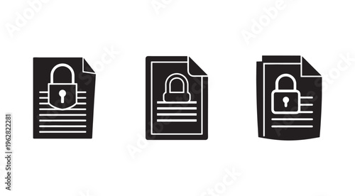 Black document icons with white lock symbols for security and privacy concepts  representing protected files and encrypted data