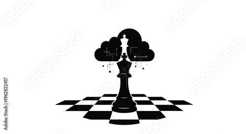 Chess king piece standing prominently upon a checkered board connected to a digital cloud network, symbolizing strategic planning, global connectivity, and advanced business data management.