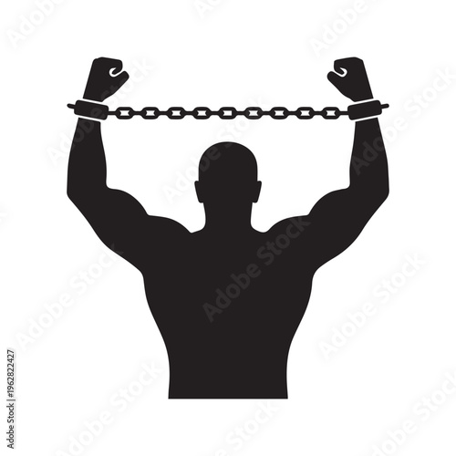 Silhouette of Man with Raised Arms and Fists in Handcuffs and Chains Symbolizing Oppression, Slavery, and Resistance
