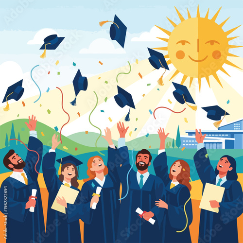 Graduates throwing caps celebrating sunny commencement