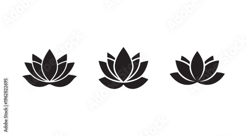 Black lotus flower icons in different angles  isolated on white background