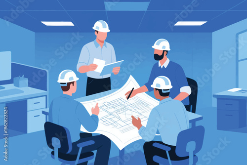 Engineers and architects reviewing blueprint at office table, stylized vector illustration of teamwork and planning.