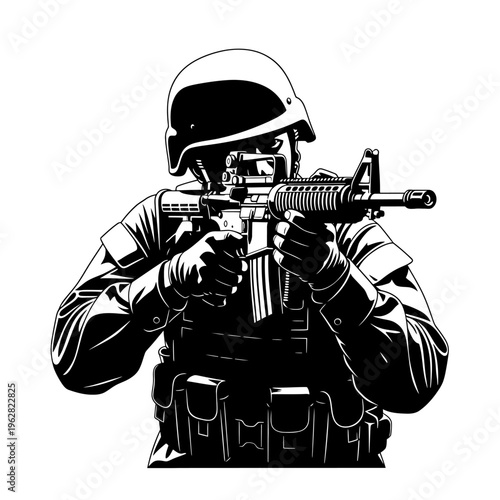 Illustration of a soldier in tactical gear aiming a rifle, symbolizing military action and defense