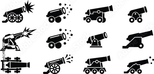 Cannon silhouette vector icon set with different artillery firing positions military weapon symbols black collection isolated