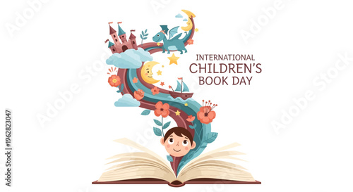 Illustration of a child reading a book with colorful illustrations and text 'International Children's Book Day' on a white background, promoting kids' literature and reading habit for early