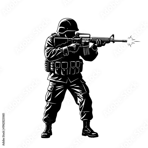 Illustration of a soldier in uniform holding a rifle and aiming at a target, depicting military action and combat readiness