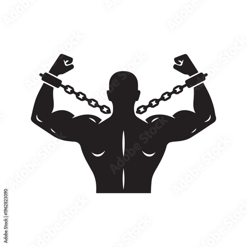 Silhouette of Man with Raised Arms and Fists in Handcuffs and Chains Symbolizing Oppression, Slavery, and Resistance
