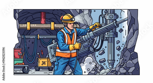 Miner operating heavy machinery in underground mine tunnel.